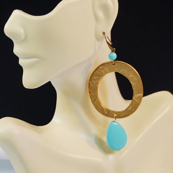 Hoop Earrings Blue Enamelled Accents Cut Out Disc Gold Tone Dangle - Picture 1 of 4